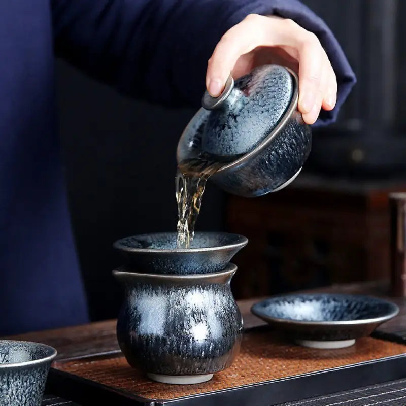 Dark blue ceramic Glacier Tea Set with crystalline glaze and tenmoku glaze finish