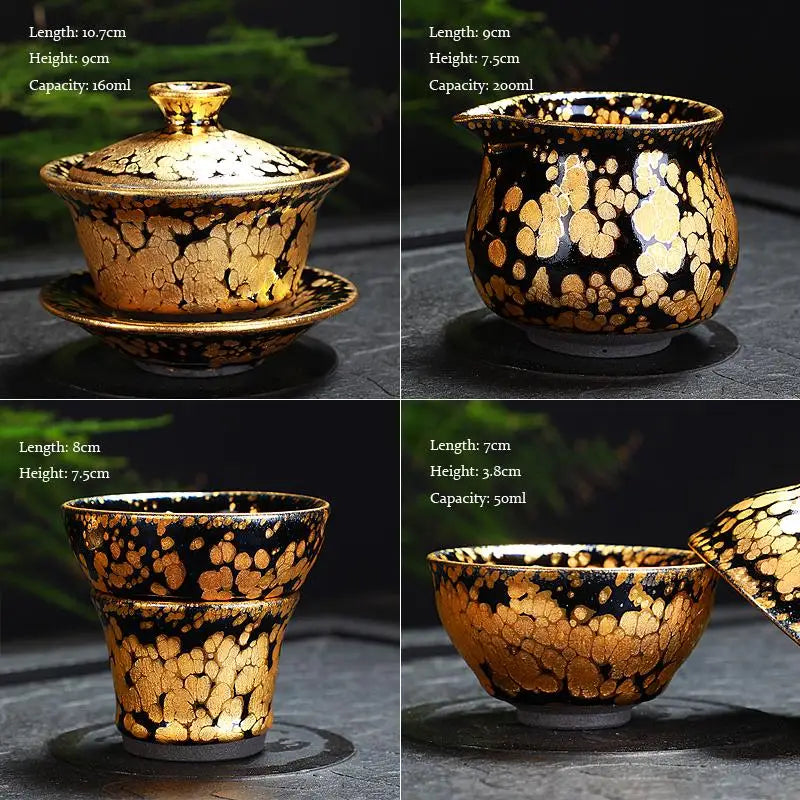 Black and gold Jian Zhan tea set with fairness pitcher and dimensions for Gold Tea Set