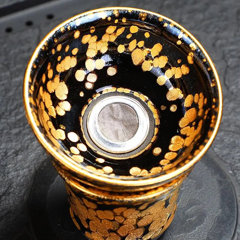 Black and gold tea infuser from Gold Tea Set featuring Jian Zhan tea style and fairness pitcher