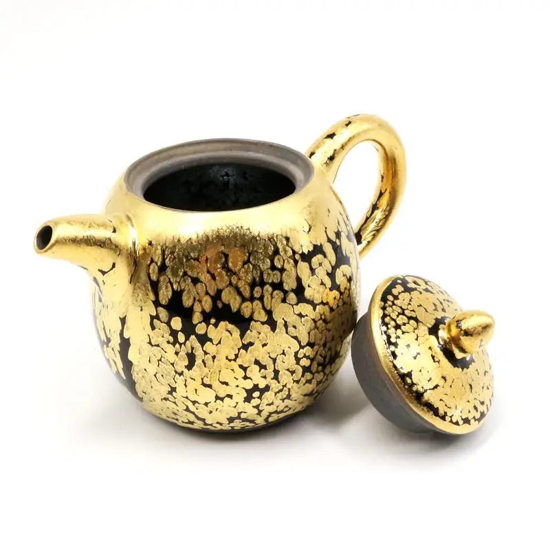Gold teapot with black finish and lid, perfect for Gongfu tea ceremonies