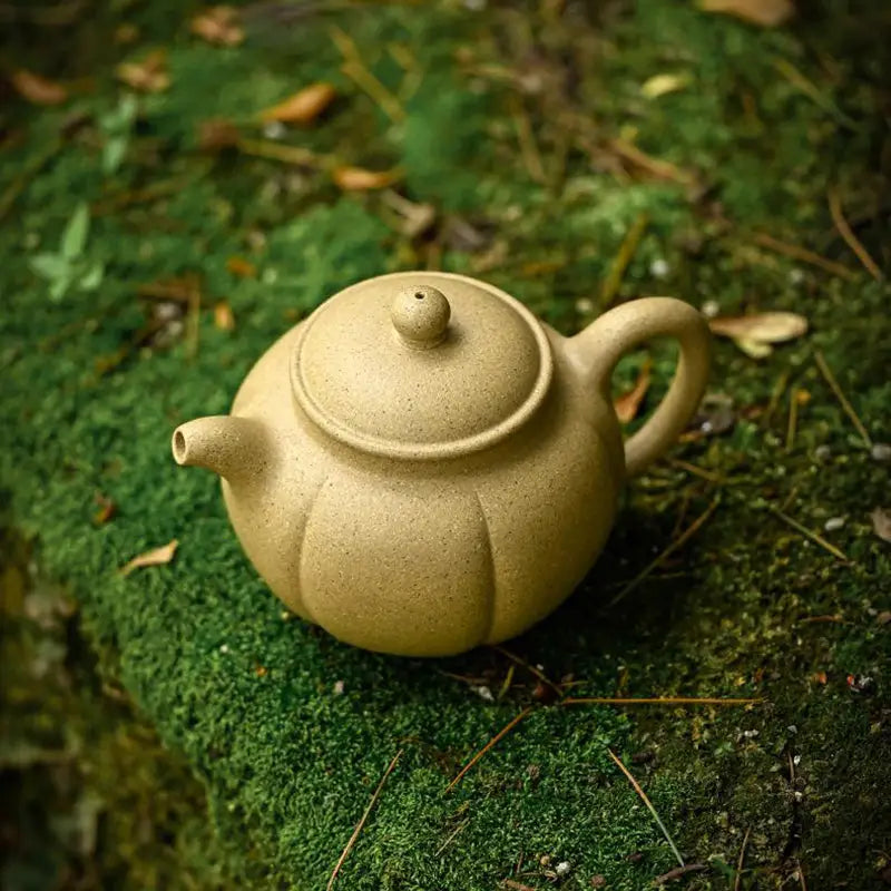 Golden Dew Yixing Zisha round tan-colored teapot for traditional tea brewing