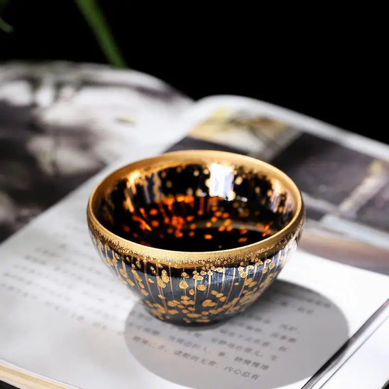Golden Drops black and gold ceramic bowl perfect for Jian Zhan tea and tea connoisseurs