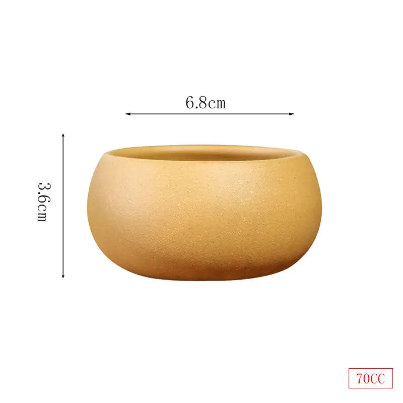 Round tan-colored Golden Ember Cup with dimensions, yixing zisha teacup for gongfu tea set