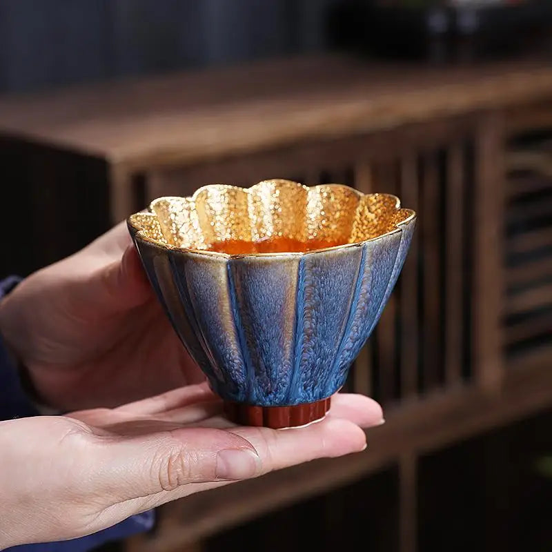 Blue and gold ceramic golden flower teacup, perfect flower teacup for tea lovers