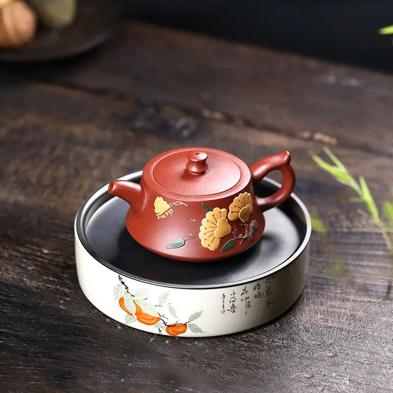 Reddish-brown Handmade Yixing Zisha Teapot with Yellow Floral Design in Golden Ginkgo Harmony