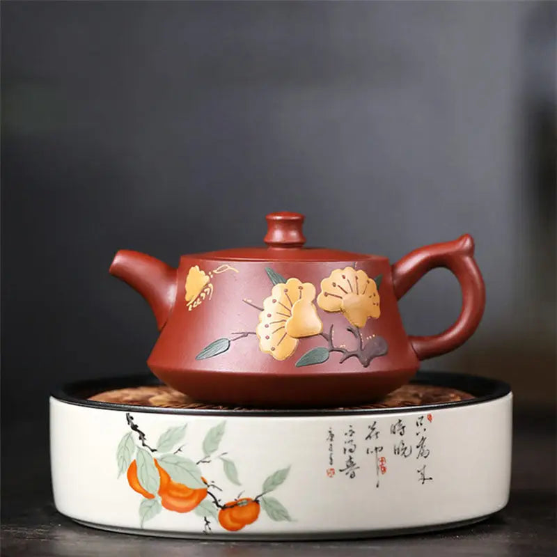Reddish-brown handmade Yixing Zisha teapot with floral design from Golden Ginkgo Harmony