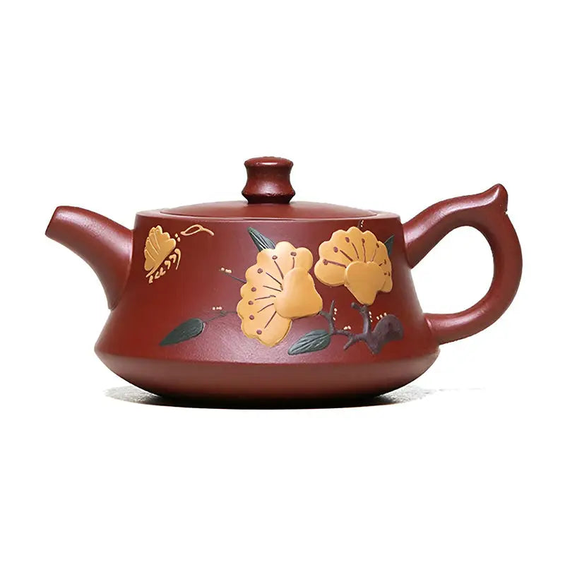 Maroon teapot with floral design from Golden Ginkgo Harmony, handmade Yixing Zisha teapot