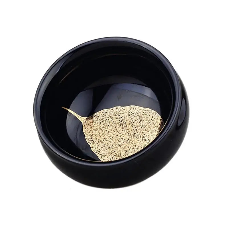 Black bowl with real gold leaf from Jian Zhan for Tenmoku tea, elegant Golden Leaf product