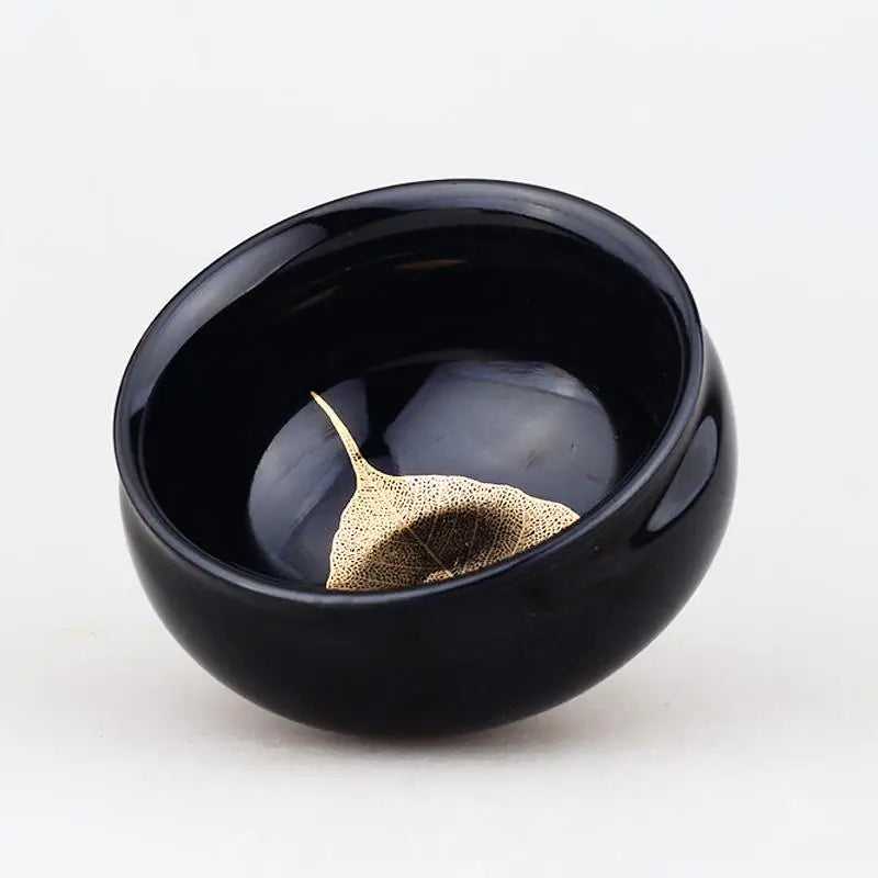 Black bowl with real gold leaf for Jian Zhan and Tenmoku tea presentation