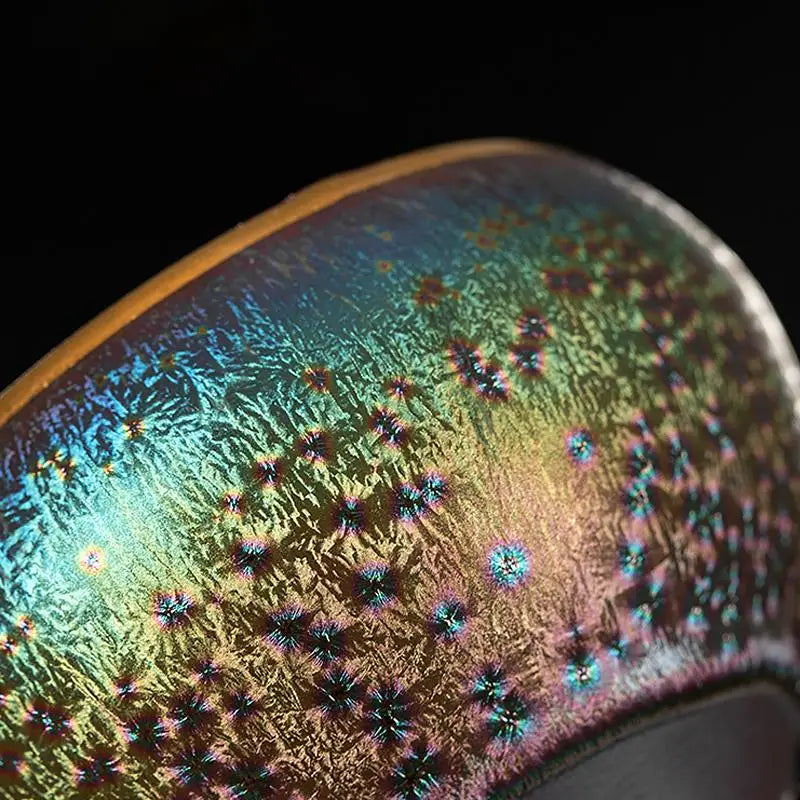 Iridescent crystalline-glazed teacup from Golden Magic for Jian Zhan tea, perfect for magic Jian Zhan