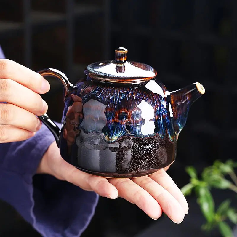 Golden Peacock Jian Zhan Teapot with stunning oil-spot glaze and glazed ceramic finish