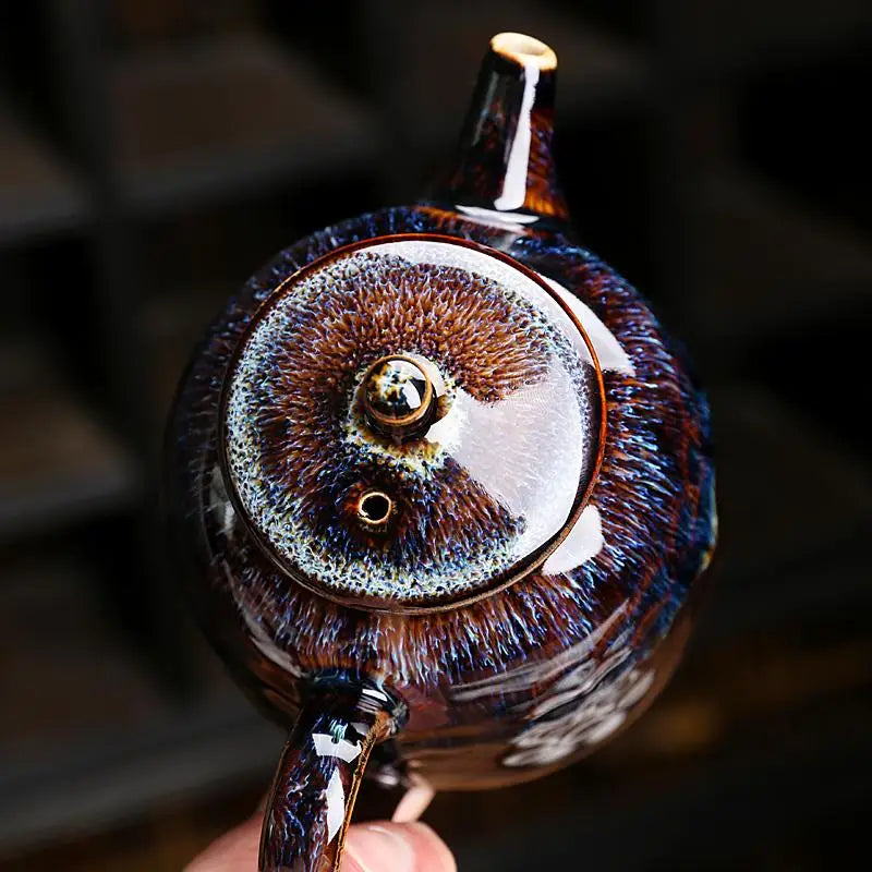 Glossy brown and blue glazed Golden Peacock Jian Zhan Teapot with oil-spot glaze