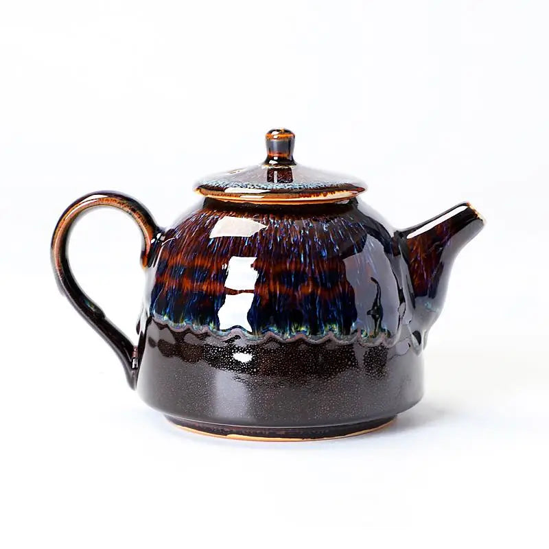 Glossy brown and blue ceramic Golden Peacock Jian Zhan Teapot with oil-spot glaze
