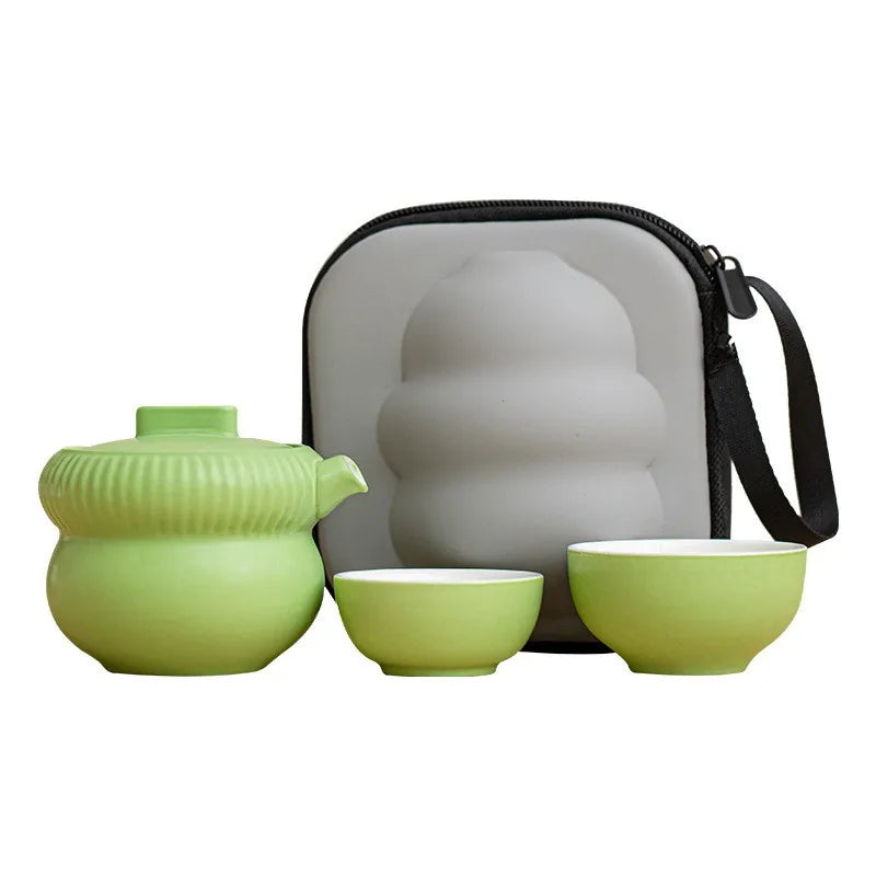Gourd-shaped porcelain kuaike travel tea set with two cups and padded zip case – photo 5
