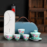 Gradient Peony Enamel-Style Travel Tea Set – Emerald Green / Gaiwan Set