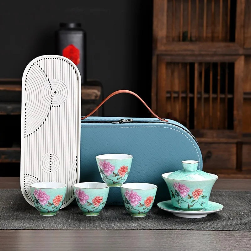 Gradient Peony Enamel-Style Travel Tea Set – Emerald Green / Gaiwan Set