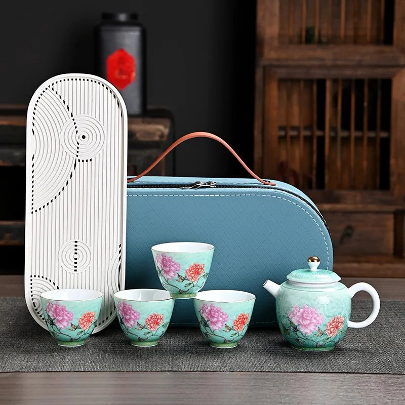 Gradient Peony Enamel-Style Travel Tea Set – Emerald Green / Teapot Set