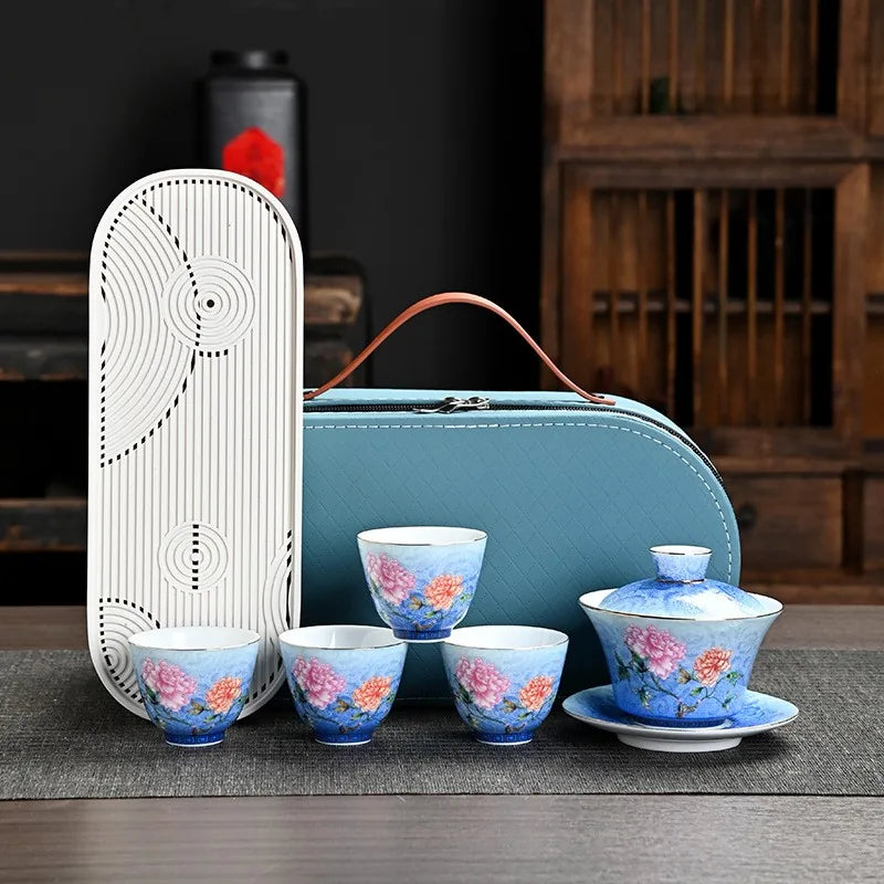 Gradient Peony Enamel-Style Travel Tea Set – Starry Blue / Gaiwan Set