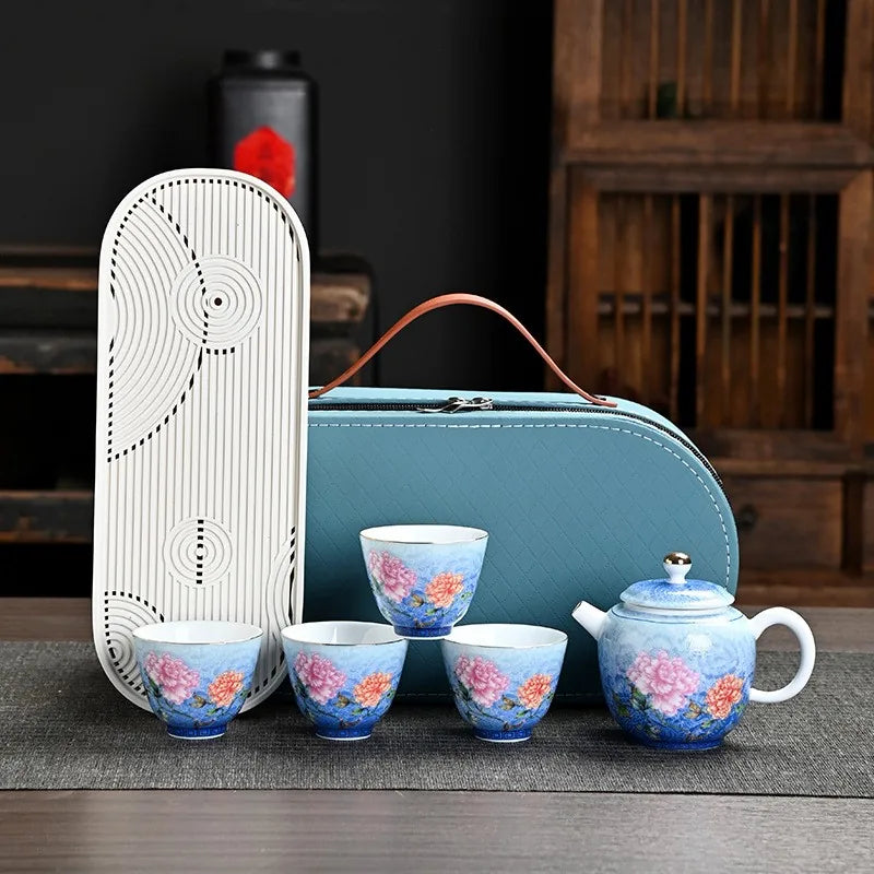 Gradient Peony Enamel-Style Travel Tea Set – Starry Blue / Teapot Set