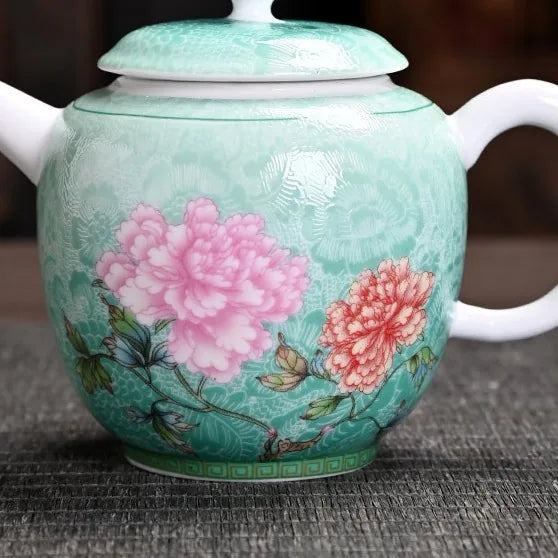 Gradient Peony Enamel-Style Travel Tea Set – Emerald Green / Teapot Only