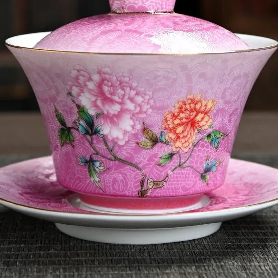 Gradient Peony Enamel-Style Travel Tea Set – Sakura Pink / Gaiwan Only