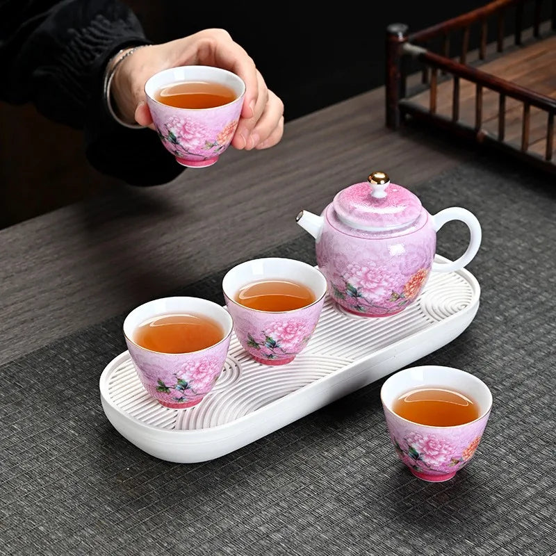 Gradient peony enamel-style porcelain travel tea set with gaiwan, four cups and tray – photo 2