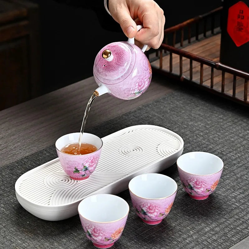 Gradient peony enamel-style porcelain travel tea set with gaiwan, four cups and tray – photo 3