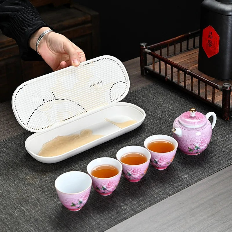 Gradient peony enamel-style porcelain travel tea set with gaiwan, four cups and tray – photo 4