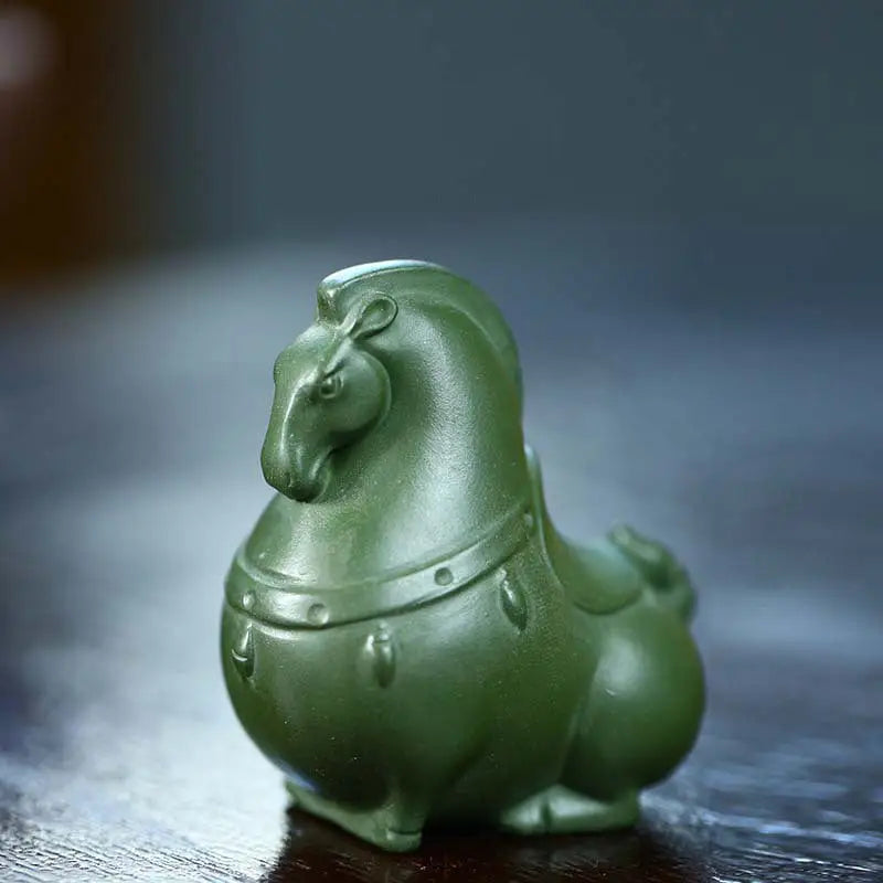 Green ceramic horse figurine from Green Gallop showcasing a horse tea pet ideal for gongfu tea rituals