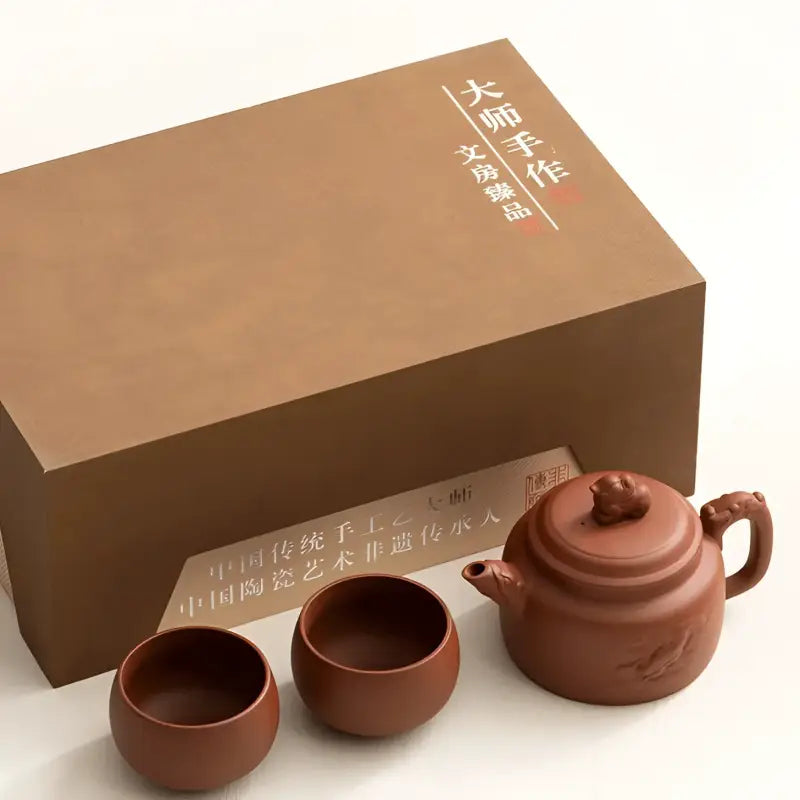 Brown guardian spirit yixing zisha teapot and cups set with box for handcrafted tea brewing
