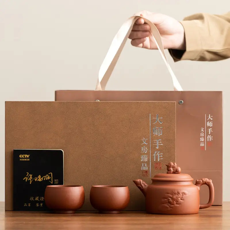 Guardian Spirit Tea Set in gift packaging with handcrafted Yixing Zisha clay craftsmanship