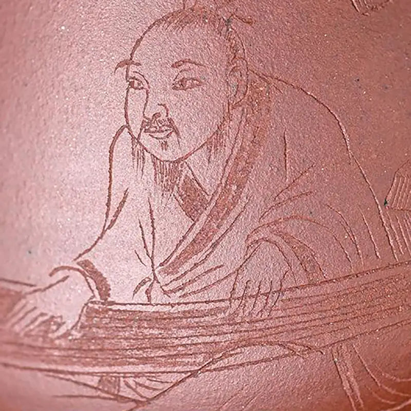 Engraved Asian man playing Guqin Reverie with a Yixing Zisha teapot in the scene