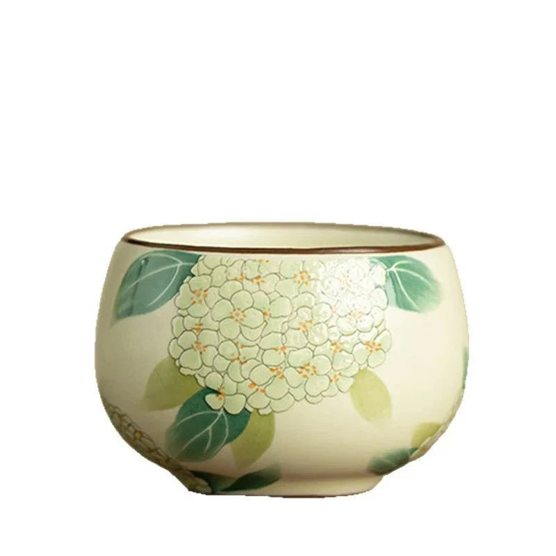 Hand-painted Ru Kiln Hydrangea Tea Cup white background product photo