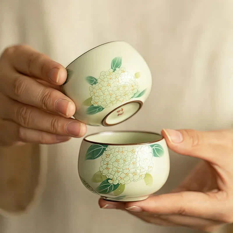 Hand-painted Ru Kiln Hydrangea Tea Cup Ceramic Tea Cup detail view