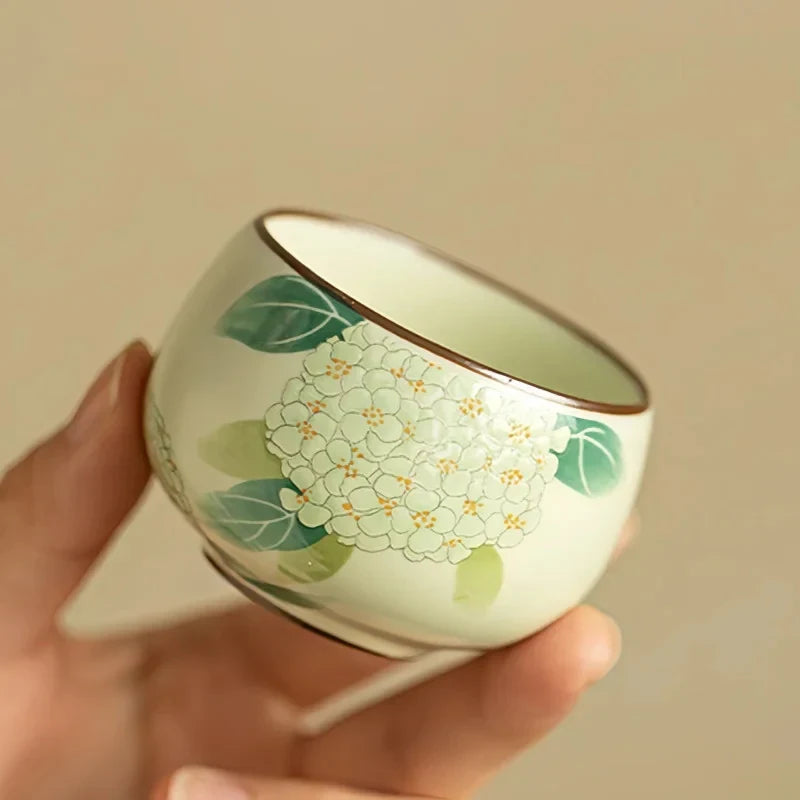 Hand-painted Ru Kiln Hydrangea Tea Cup Tea Cup side view