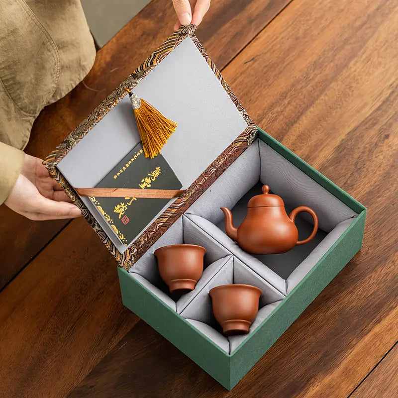 Harmony Bloom Tea Set with Yixing Zisha teapot in decorative box, perfect for gifting