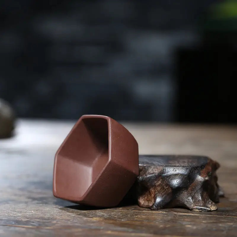 Geometric brown ceramic cup from HexaGrace for gongfu tea authentic purple clay Yixing Zisha