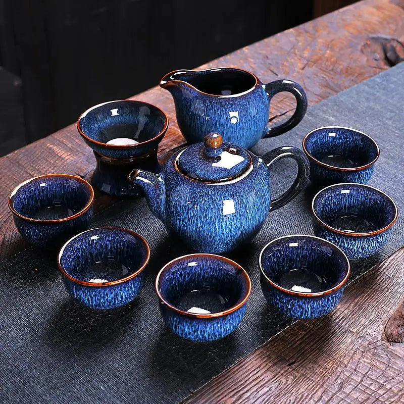 Blue ceramic Iceberg Tea Set showcasing handcrafted Jian Zhan teaware for elegant tea moments