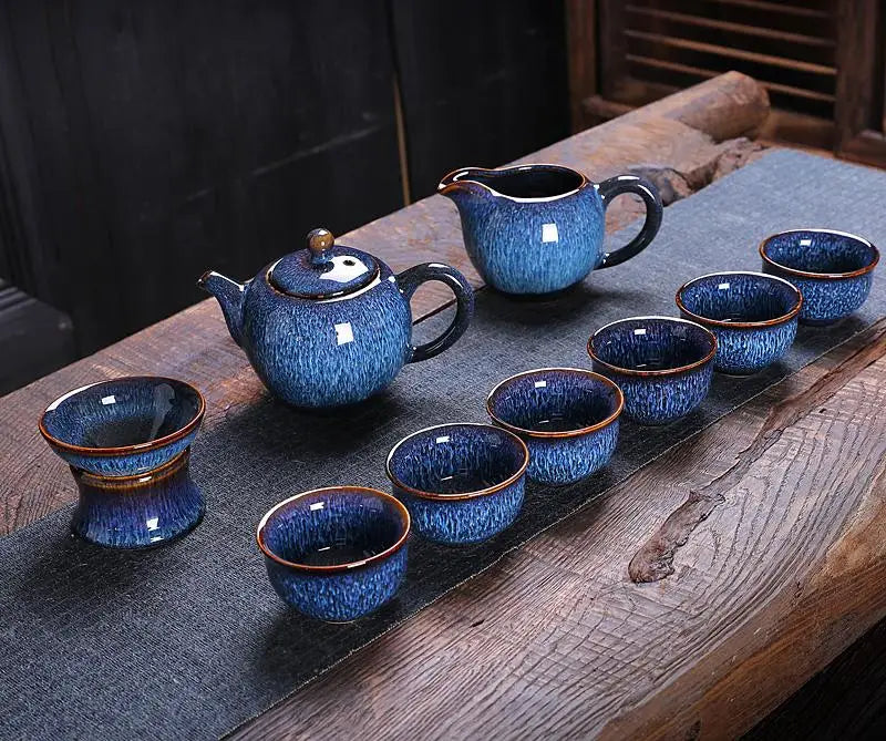 Blue ceramic Iceberg Tea Set featuring handcrafted Jian Zhan teaware for authentic tea enjoyment