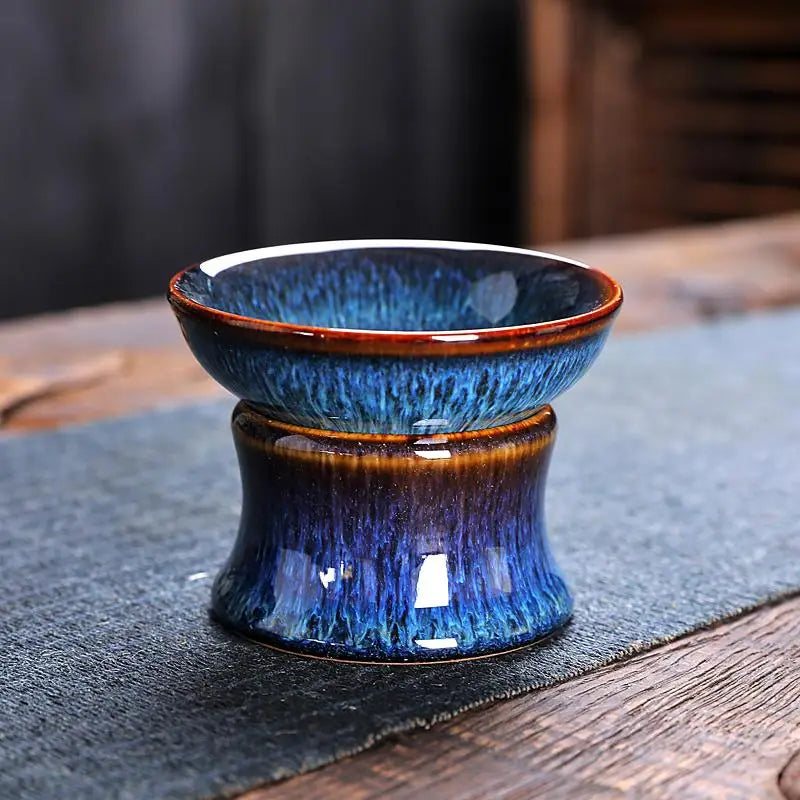 Blue and brown glazed ceramic tea strainer from Iceberg Tea Set, perfect for Jian Zhan teaware