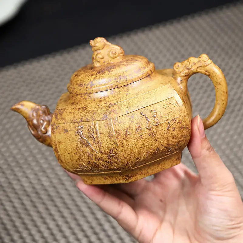 Ornate yellow-brown Yixing Duanni teapot from Imperial Gate crafted with duanni clay