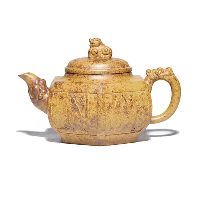Ornate yellow Yixing Duanni teapot with dragon handle and lid figurine from Imperial Gate