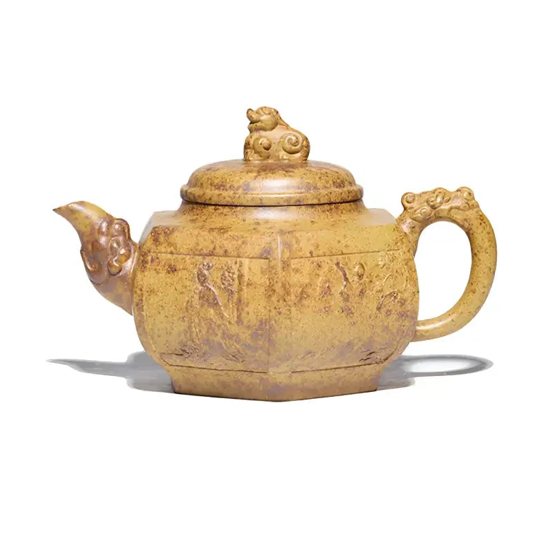 Imperial Gate ornate yellow-brown Yixing Duanni teapot with dragon handle and lid-top creature