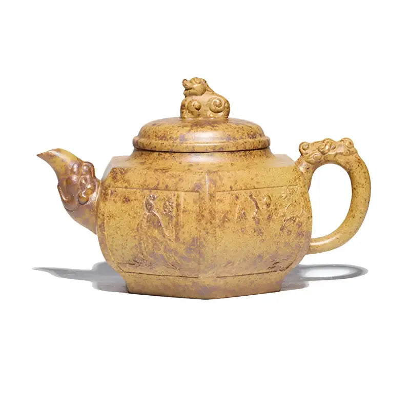Ornate yellow Yixing Duanni teapot with dragon handle and lid figurine from Imperial Gate