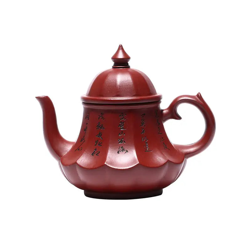 Red ceramic Imperial Lotus Yixing Zisha teapot with Chinese script for elegant brewing