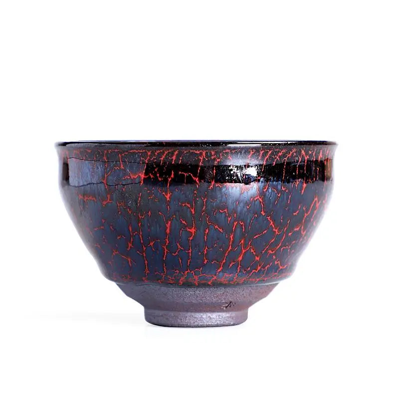 Cracked red and black ceramic zhan tea cup with red flame glaze from Inferno Jian Zhan