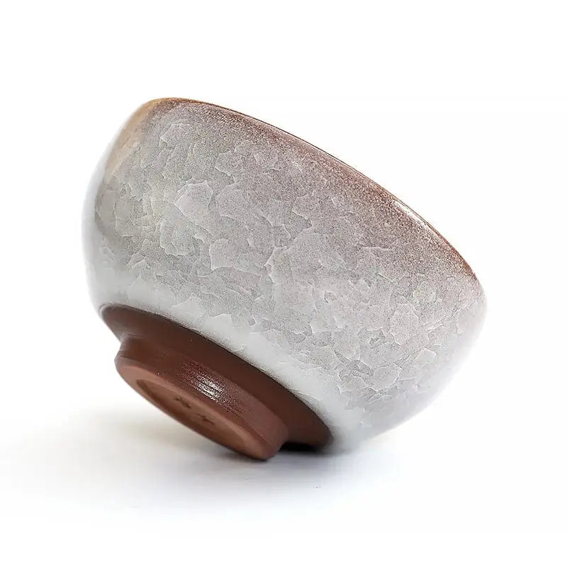 Ivory Rift crackled ceramic tea bowl with crackled grape teacup and rift crackled glaze