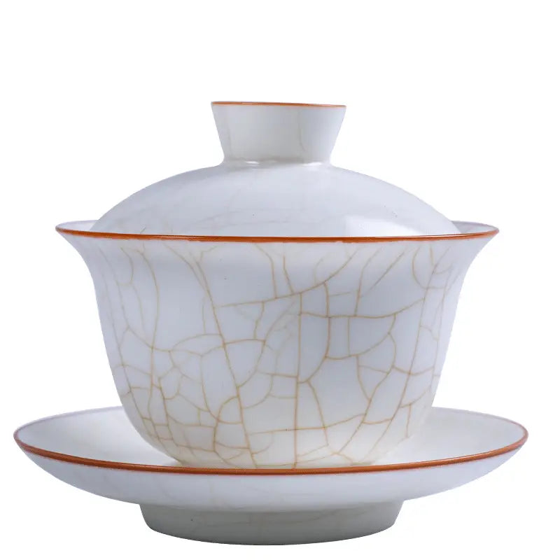 White porcelain tea set with crackle glaze from Ivory White Ru Kiln, dehua porcelain and natural agate glaze