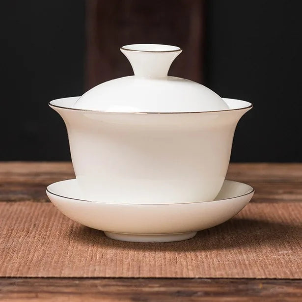 Jade-White Dehua Gaiwan – Zhiyin / Gold Rim