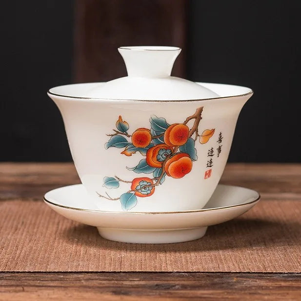 Jade-White Dehua Gaiwan – Guyue / Persimmon
